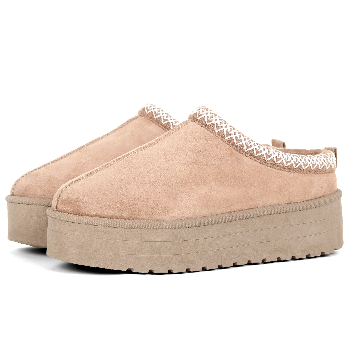 Nexsus Plus Ladies Women Khaki High Sole Faux Suede And Fur Lined Platform Warm And Cosy Indoor Outdoor Hard Sole Slipers Size UK 3-8