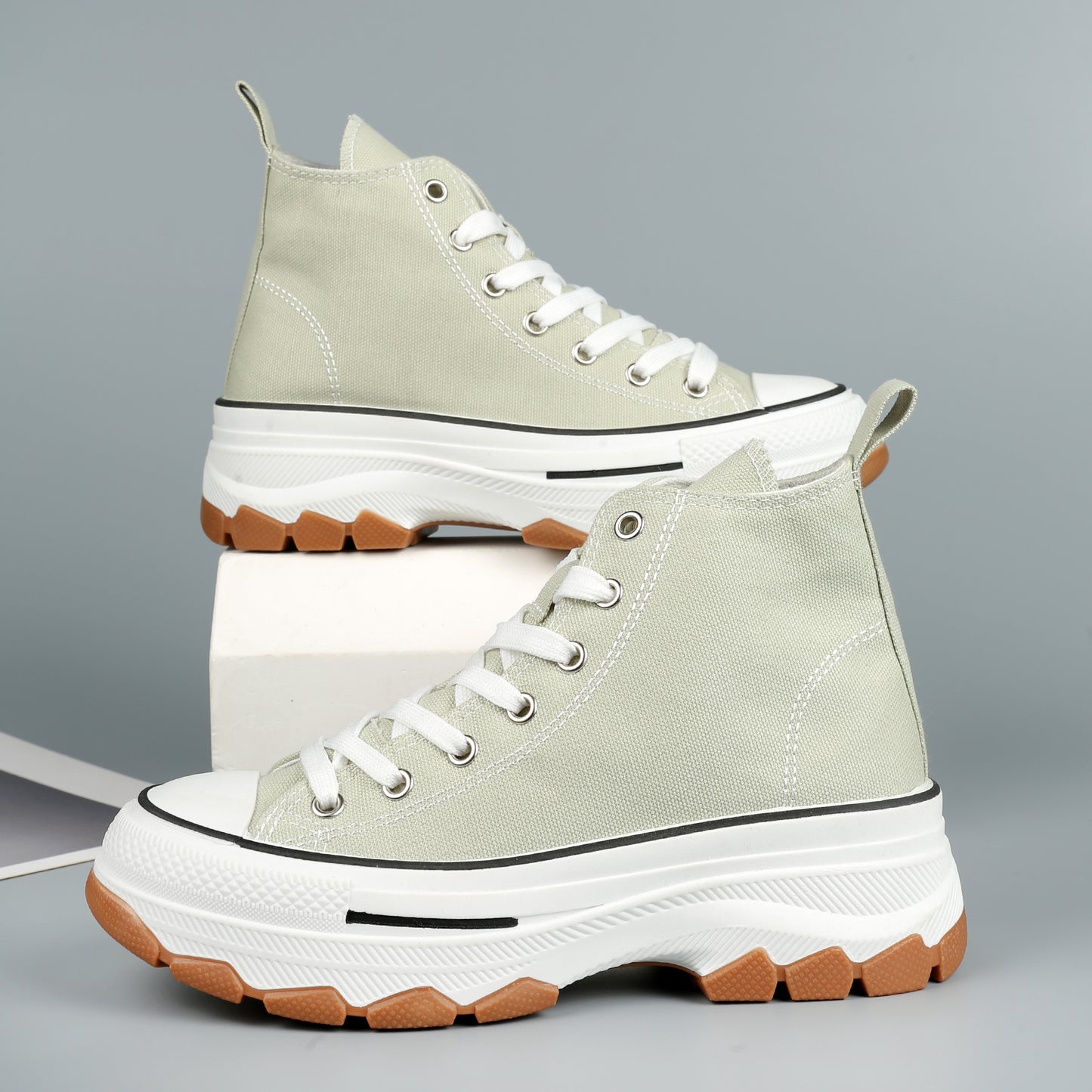 Nexsus Plus Women L.Green Chunky Sole High Top Canvas Trainers Size UK 3-8