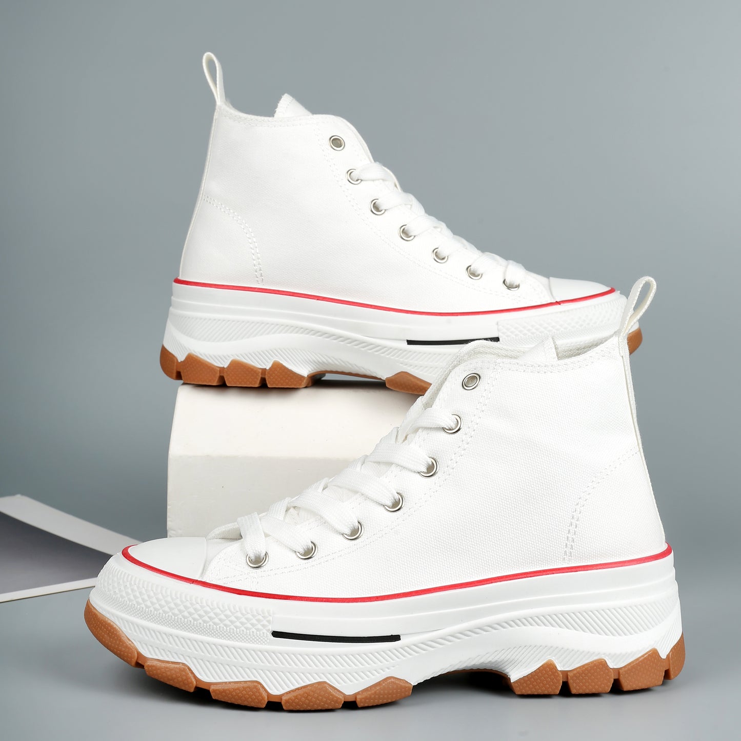 Nexsus Plus Women White/Red Chunky Sole High Top Canvas Trainers Size UK 3-8