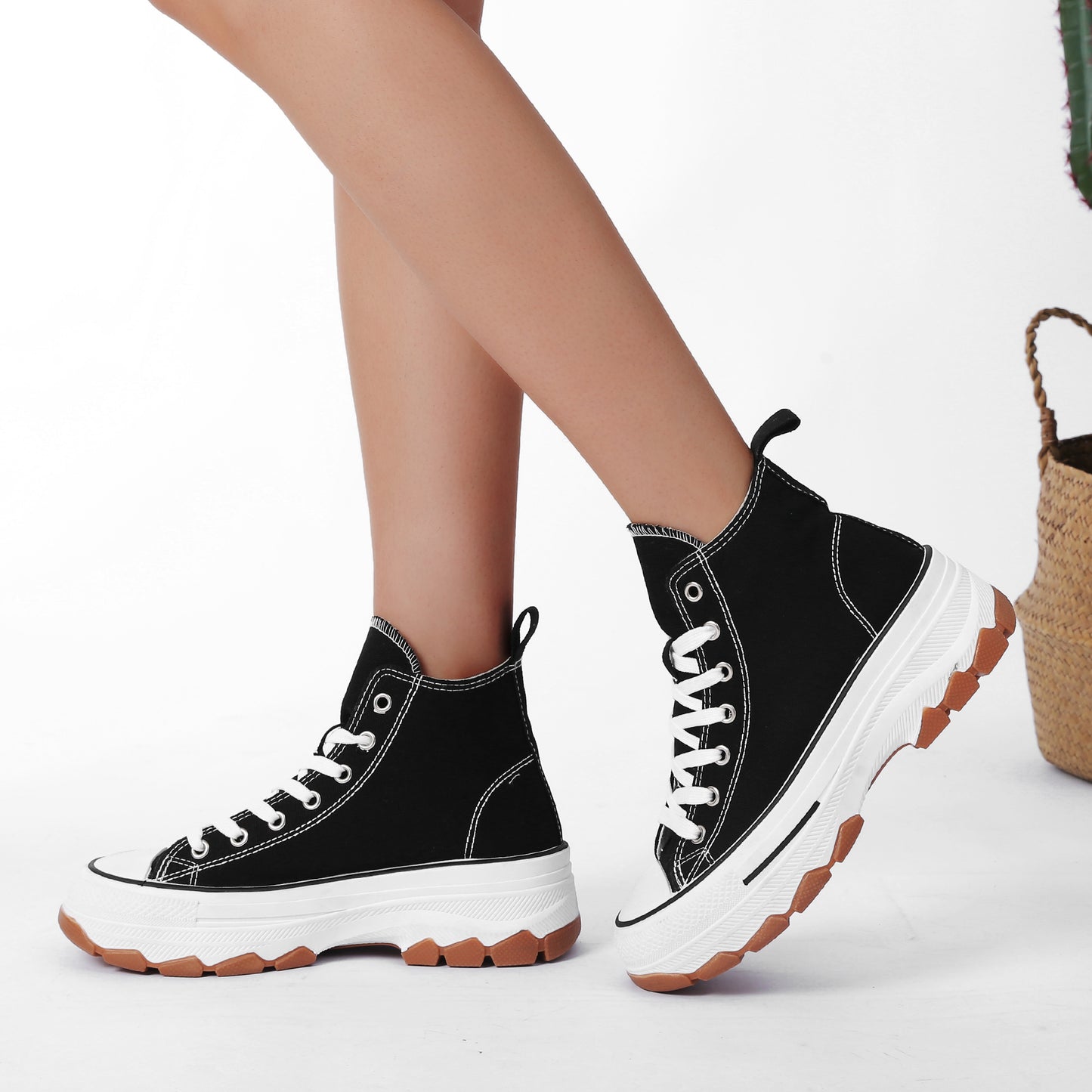 Nexsus Plus Women Black Chunky Sole High Top Canvas Trainers Size UK 3-8