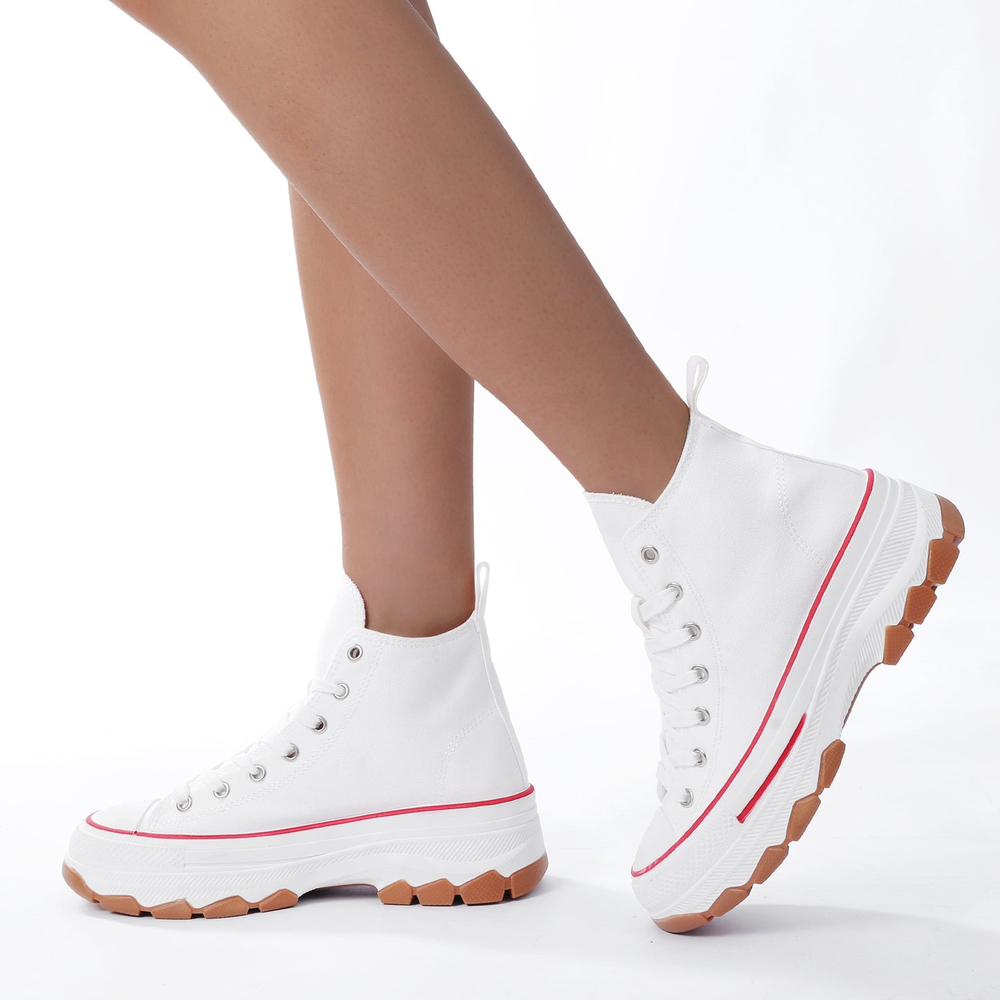 Nexsus Plus Women White/Red Chunky Sole High Top Canvas Trainers Size UK 3-8