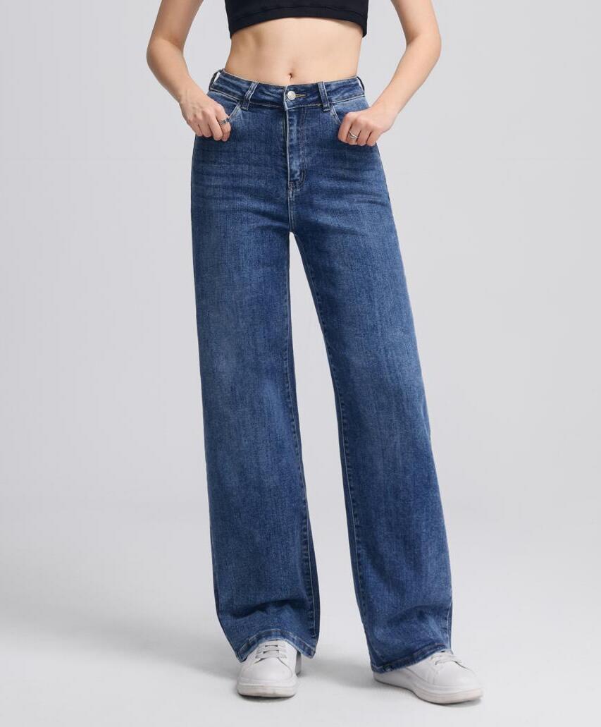 Nexsus Plus Women’s High Waisted Wide Leg Jeans – Blue/Black Denim High Rise Loose Fit Relaxed Baggy Denim Full Length Denim Trousers Casual Streetwear Denim Womenswear Bottom Pants Streetwear Wideleg Pocket Basic