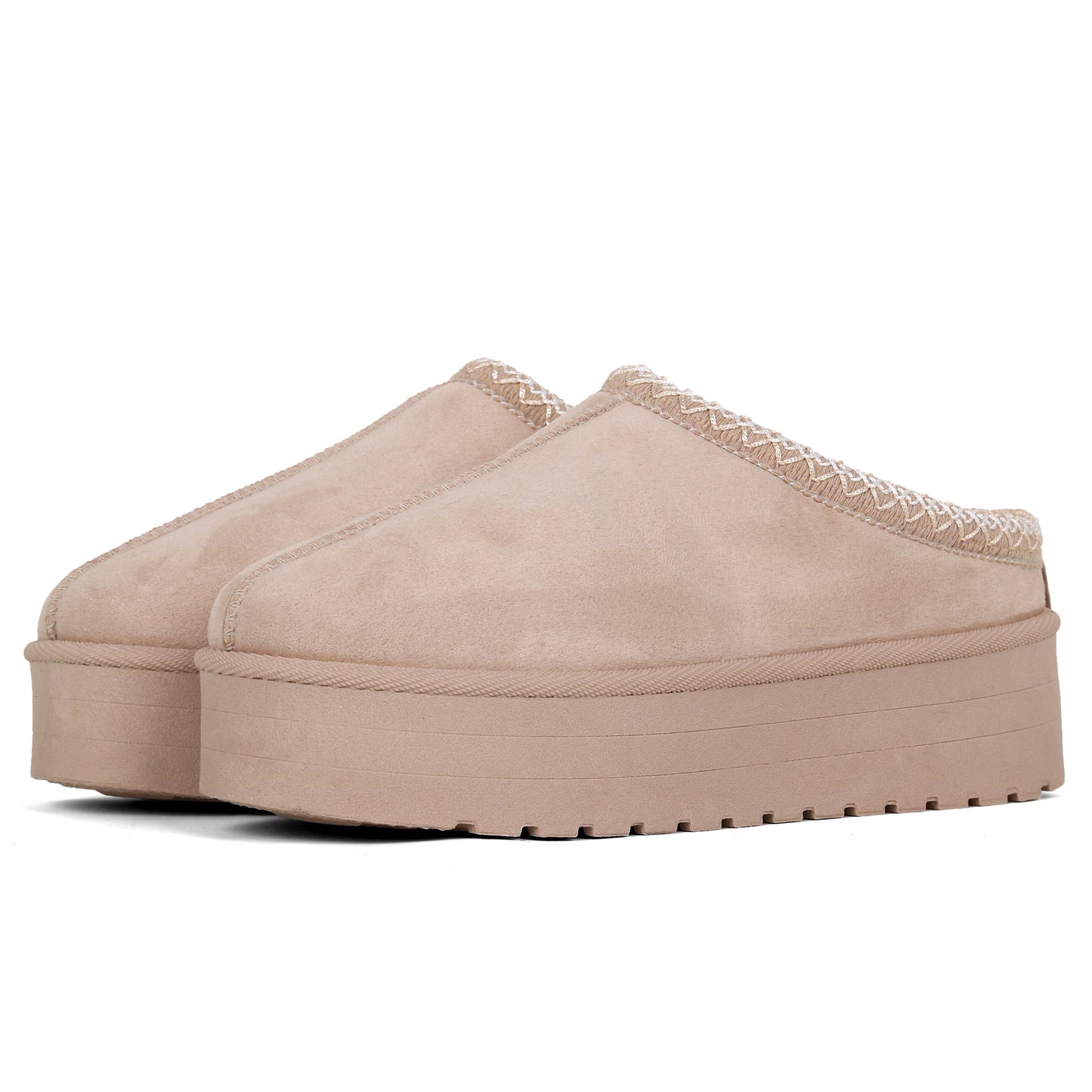 Nexsus Plus Ladies Women Beige High Sole Faux Suede And Fur Lined Platform Warm And Cosy Indoor Outdoor Hard Sole Slipers Size UK 3-8