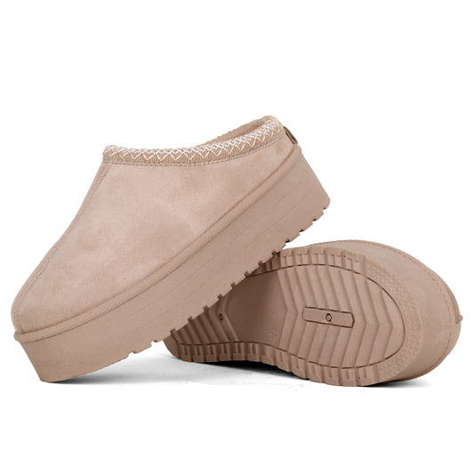 Nexsus Plus Ladies Women Beige High Sole Faux Suede And Fur Lined Platform Warm And Cosy Indoor Outdoor Hard Sole Slipers Size UK 3-8