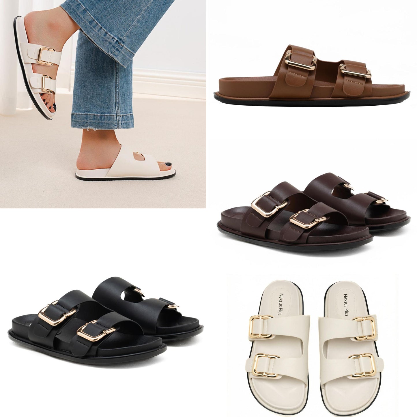 Nexsus Plus Gold Buckle Double-Strap Sandals (UK 3–8)