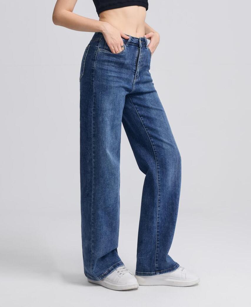 Nexsus Plus Women’s High Waisted Wide Leg Jeans – Blue/Black Denim High Rise Loose Fit Relaxed Baggy Denim Full Length Denim Trousers Casual Streetwear Denim Womenswear Bottom Pants Streetwear Wideleg Pocket Basic