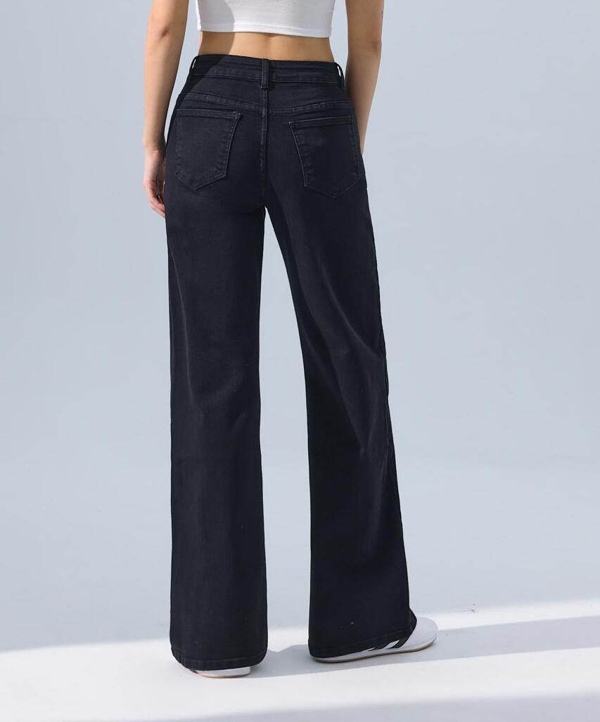 Nexsus Plus Women’s High Waisted Wide Leg Jeans – Blue/Black Denim High Rise Loose Fit Relaxed Baggy Denim Full Length Denim Trousers Casual Streetwear Denim Womenswear Bottom Pants Streetwear Wideleg Pocket Basic