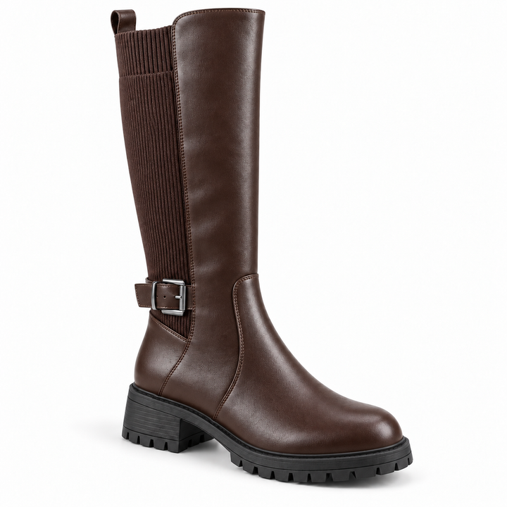 Nexsus Plus Women’s Knee-High Riding Boots – Chunky Sole Buckle Zip-Up Boots UK 3–8 - Brown