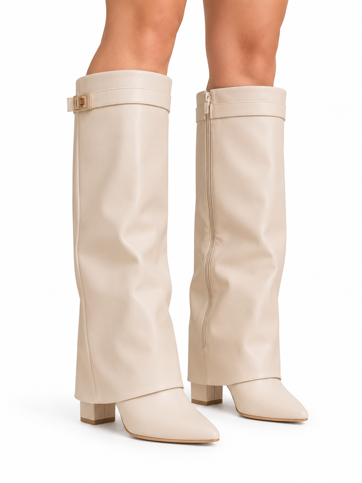 Nexsus Plus Women’s Knee-High Hidden Wedge Boots – Gold Buckle Zip-Up Boots UK 3–8 - Beige
