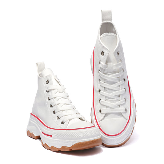 Nexsus Plus Women White/Red Chunky Sole High Top Canvas Trainers Size UK 3-8