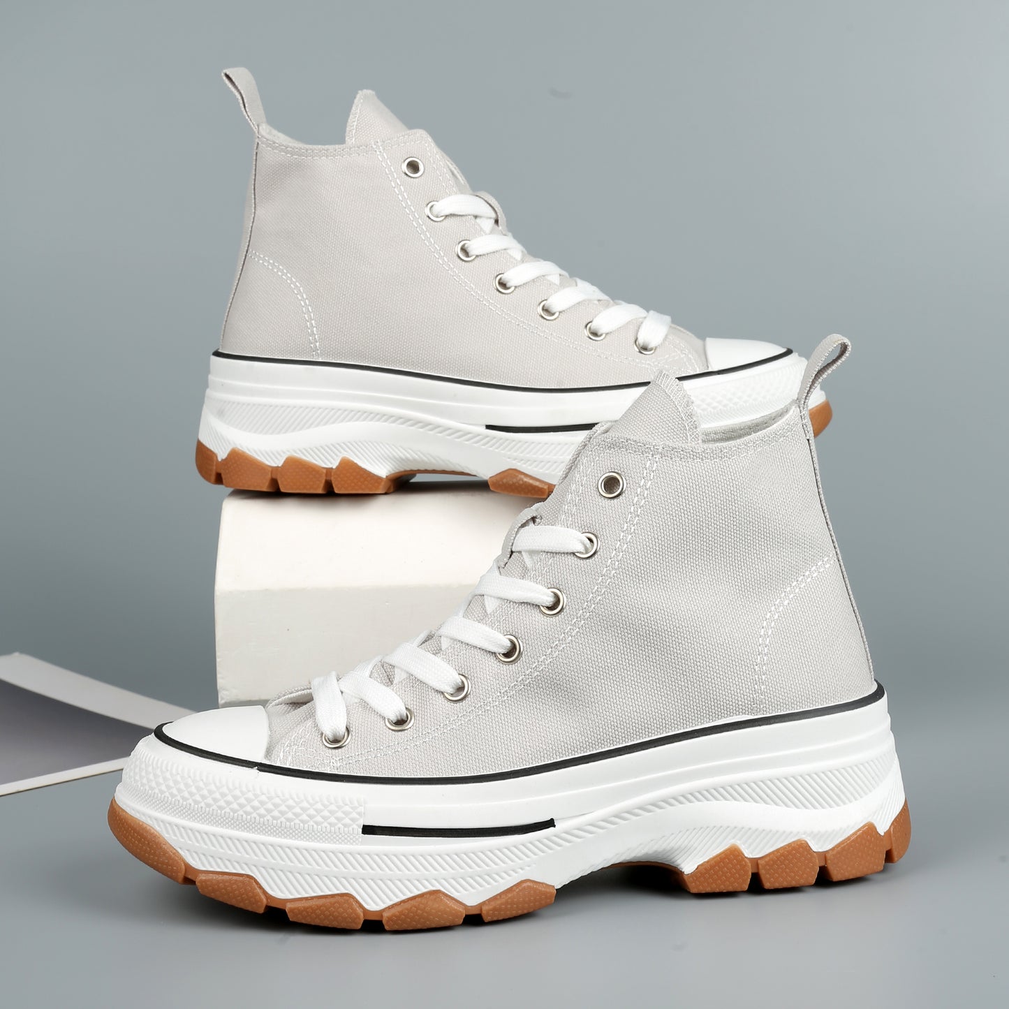 Nexsus Plus Women Grey Chunky Sole High Top Canvas Trainers Size UK 3-8