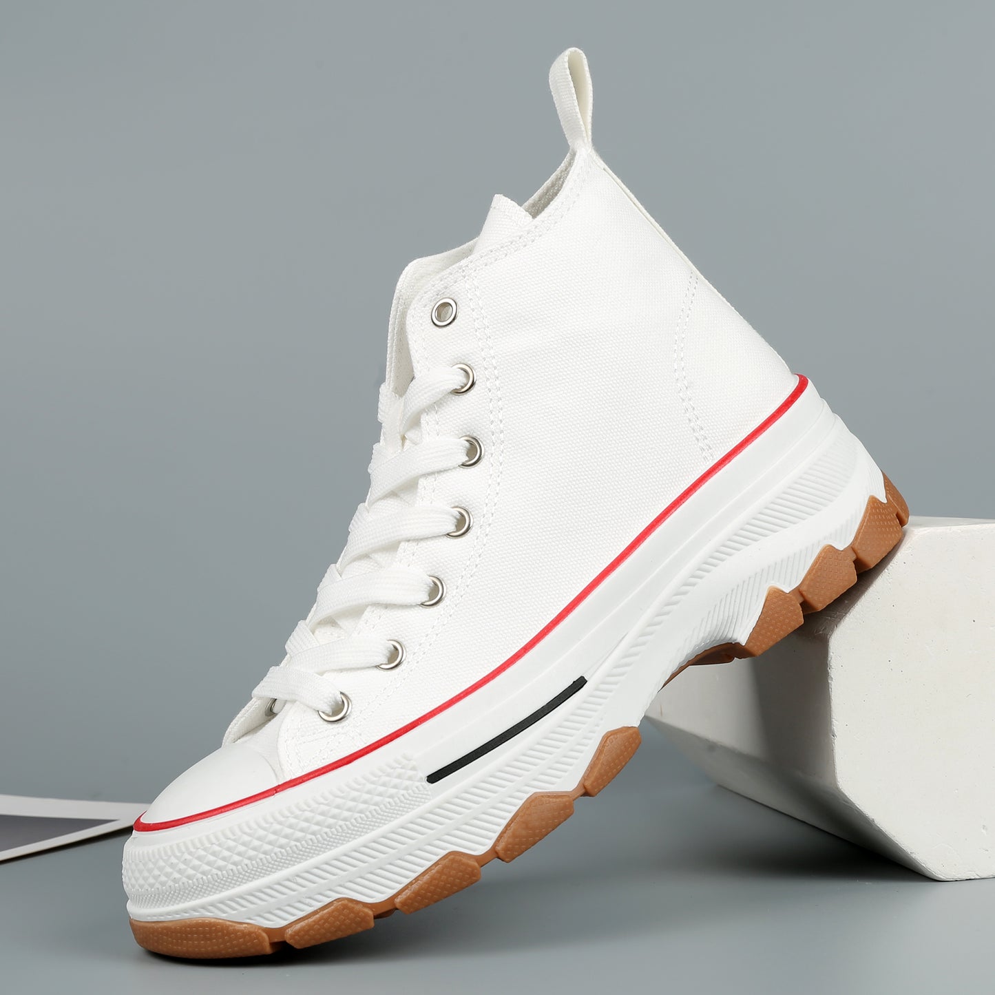 Nexsus Plus Women White/Red Chunky Sole High Top Canvas Trainers Size UK 3-8