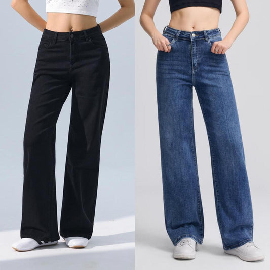 Nexsus Plus Women’s High Waisted Wide Leg Jeans – Blue/Black Denim High Rise Loose Fit Relaxed Baggy Denim Full Length Denim Trousers Casual Streetwear Denim Womenswear Bottom Pants Streetwear Wideleg Pocket Basic