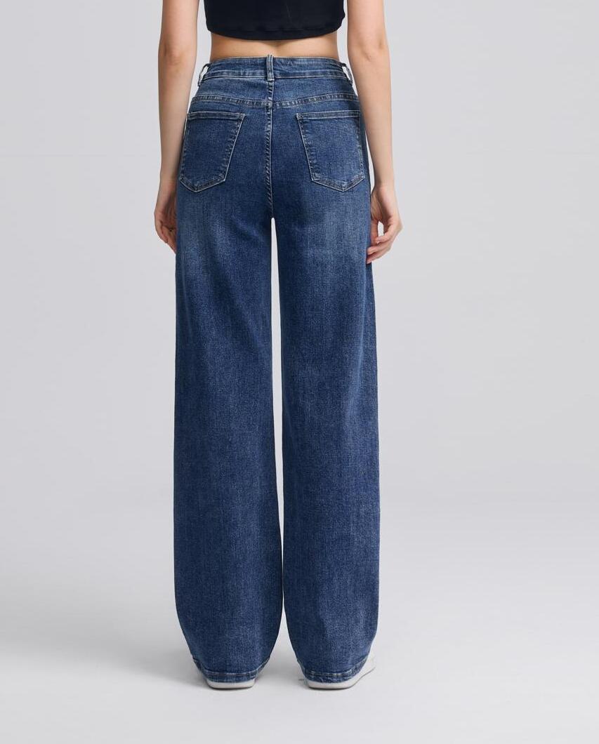 Nexsus Plus Women’s High Waisted Wide Leg Jeans – Blue/Black Denim High Rise Loose Fit Relaxed Baggy Denim Full Length Denim Trousers Casual Streetwear Denim Womenswear Bottom Pants Streetwear Wideleg Pocket Basic